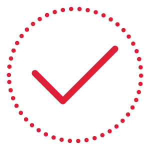 Red analog clock face with no hands, dotted circle marking the hours.