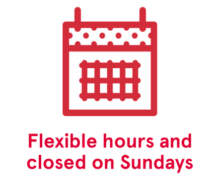 Calendar icon with text 'Flexible hours and closed on Sundays' in red.