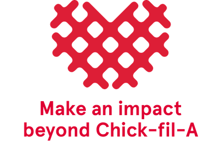 Heart-shaped pattern made of chicken drumsticks above the text 'Make an impact beyond Chick-fil-A' in red.
