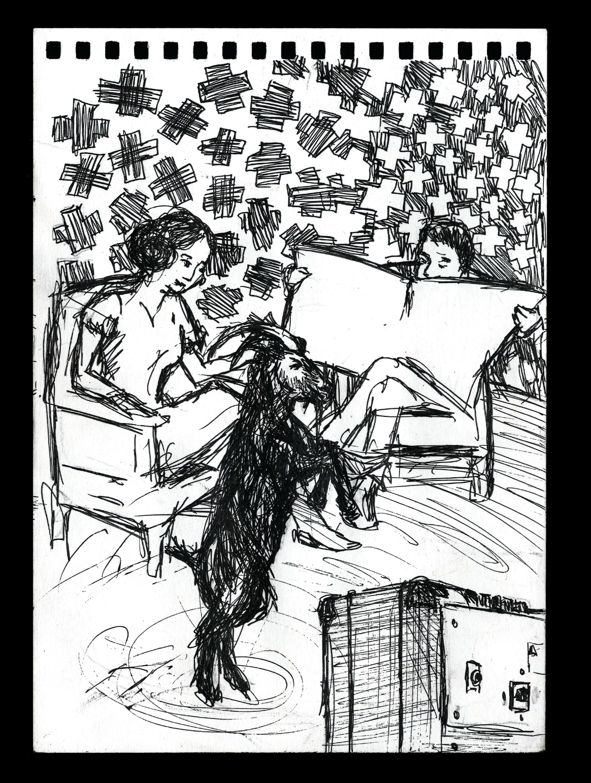Dibujo de dos personas en un ambiente con muchas flores en las paredes, una mujer sentada y un hombre acostado, con un chivo en dos patas al lado, en un trazo esquemático.