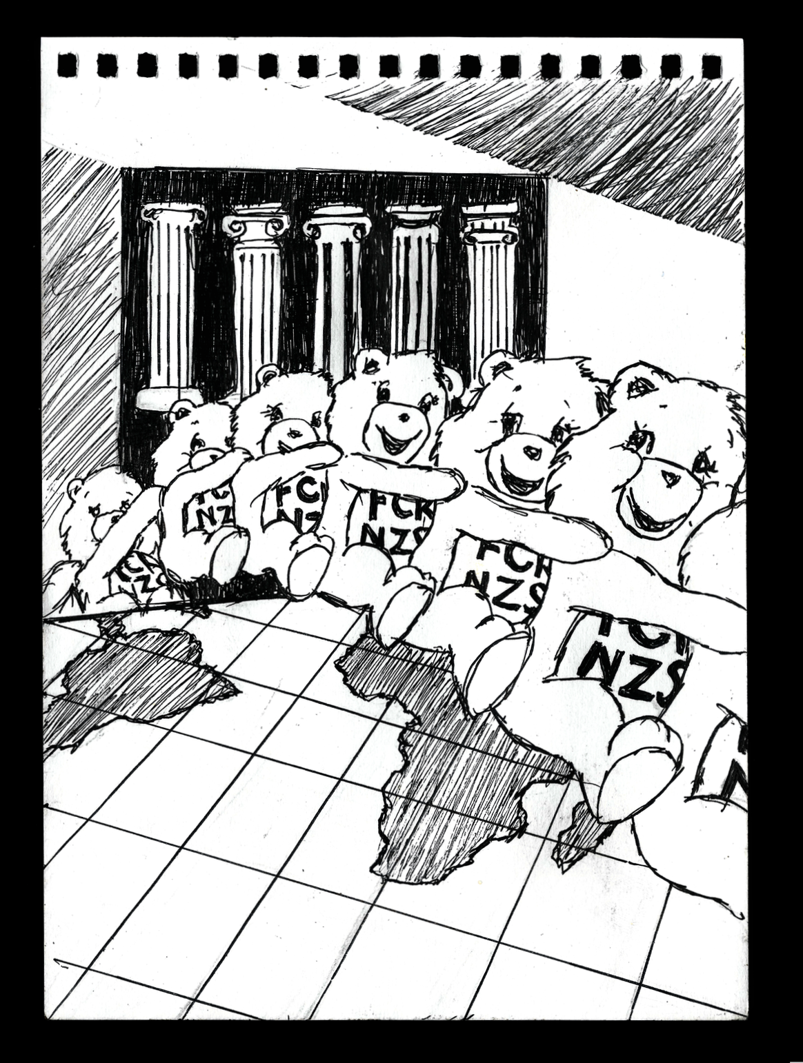 Dibujo en blanco y negro de osos de peluche sobre un mapa del mundo, con columnas en el fondo, y con varias etiquetas que dicen 'FUCK NZS'.