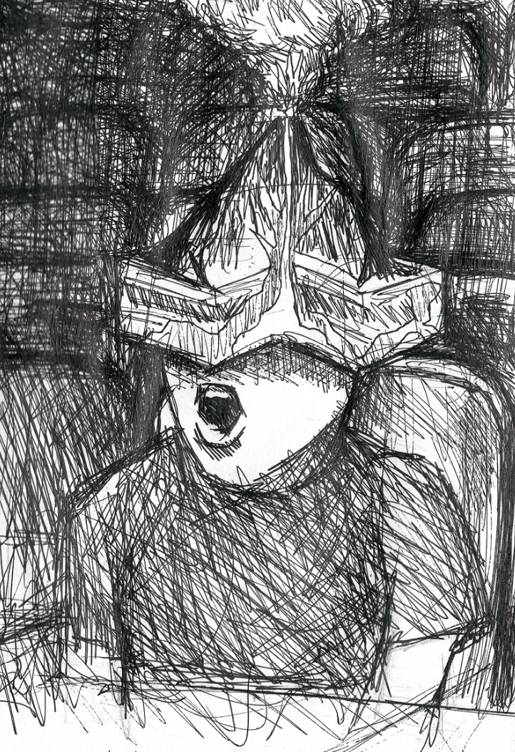 Dibujo en tinta de un niño con sombrero de volcán, con expresión de sorpresa, rostro y parte superior del cuerpo visible.