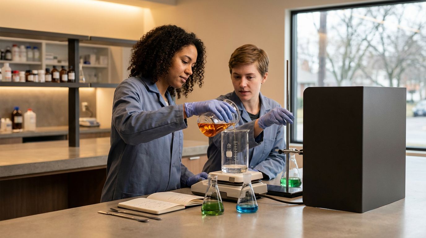 Two women in a laboratory wearing gloves and matching blue lab coats, working together with beakers and a scale, with chemicals and laboratory equipment on the counter.