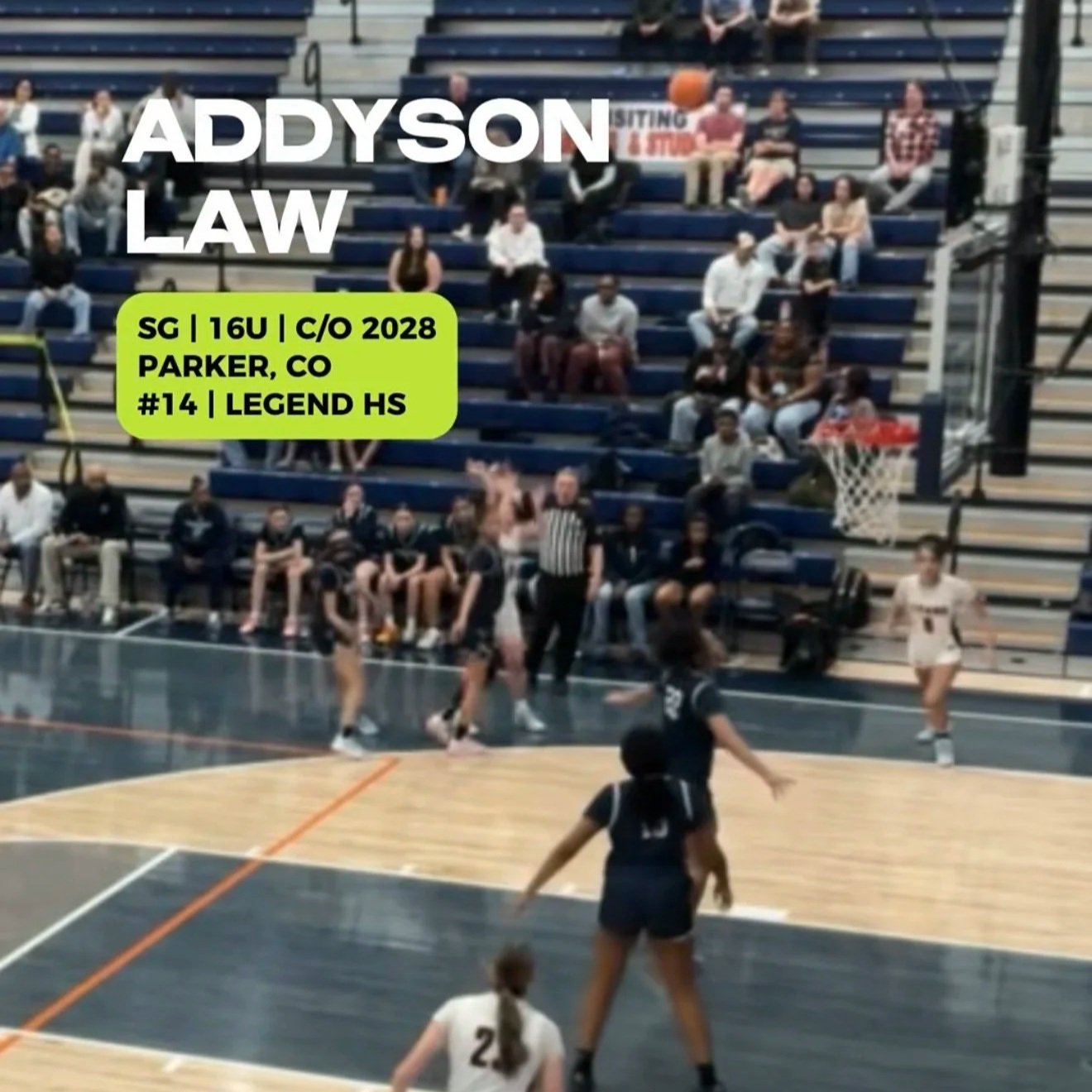 A girls' basketball game in progress at a gym, with spectators sitting on blue bleachers, and players on the court. The image includes text overlay with name, grade, school, and team number of a player.