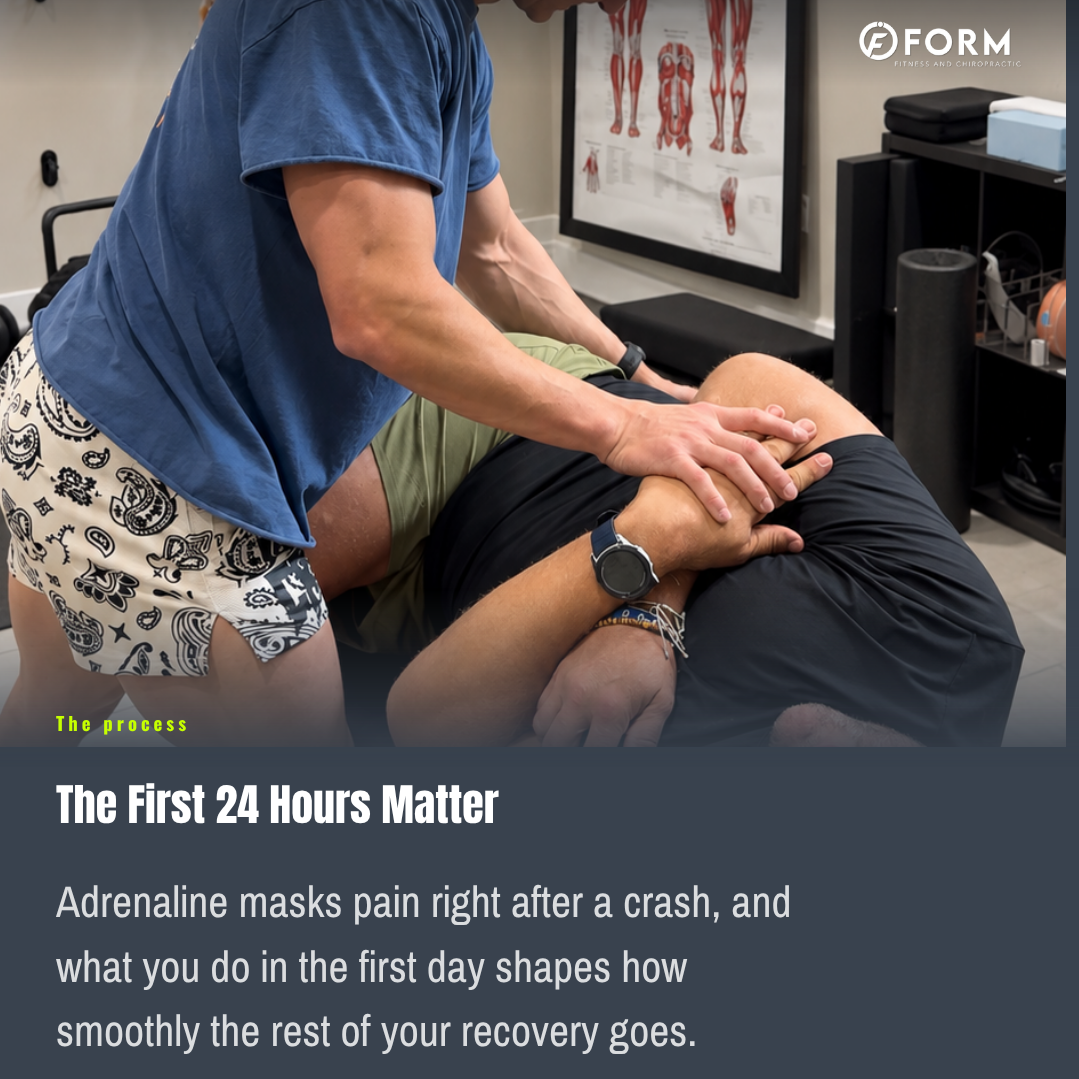 A person receiving physical therapy or chiropractic treatment on their knee from a healthcare professional in a clinic. The professional is wearing a blue shirt and shorts with a black and white paisley pattern, and the patient is lying down with the