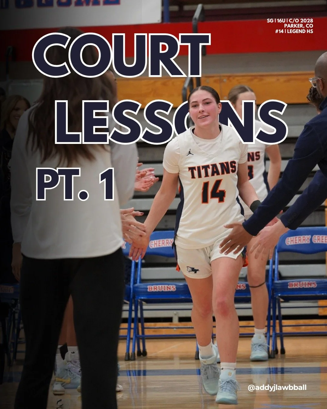 A female volleyball player wearing a white jersey with the number 14 and the word 'Titans' on it, walking through a line of people giving high-fives in a gymnasium. She appears to be smiling after a game.