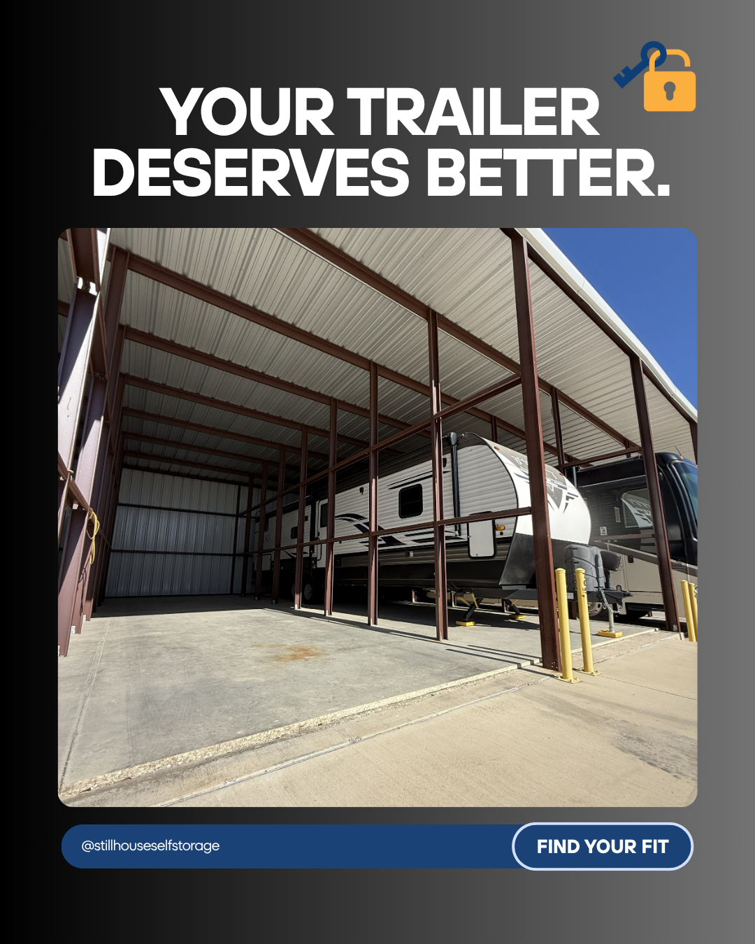 A travel trailer parked inside a storage unit with a metal roof and beams, surrounded by a concrete floor and blue sky.