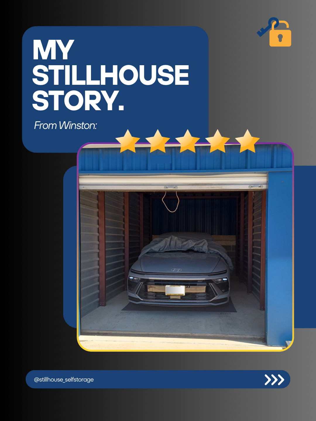 Image of a self-storage unit with a covered gray car inside, and a blue exterior. The photo is part of a review titled 'My Stillhouse Story' from Winston, with five gold stars displayed above.