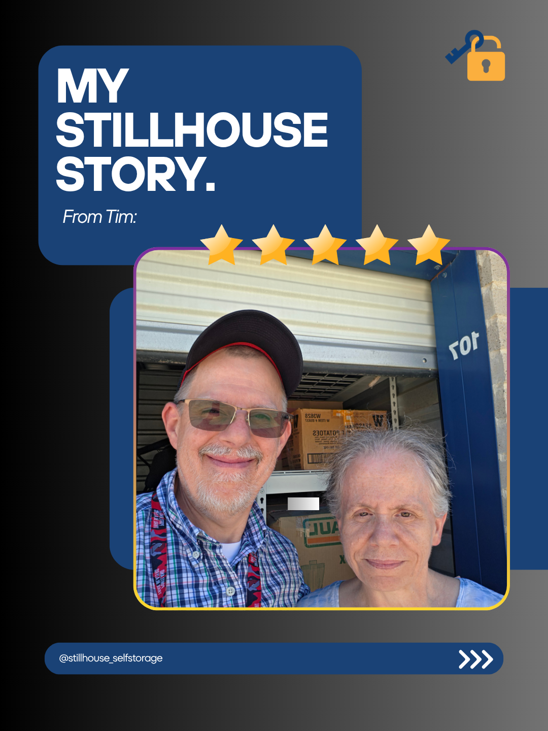 A man and a woman taking a selfie outdoors in front of a storage unit, with a cardboard box in the background. The man is wearing sunglasses, a cap, and a plaid shirt. The woman has gray hair and is smiling.
