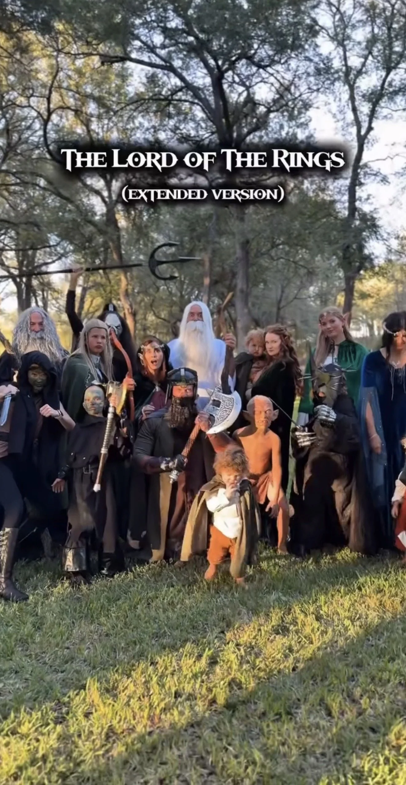 A group of people dressed as various fantasy and horror characters, including Gandalf, an orc, a witch, and other mythical beings, standing outdoors in a park with trees and grass.