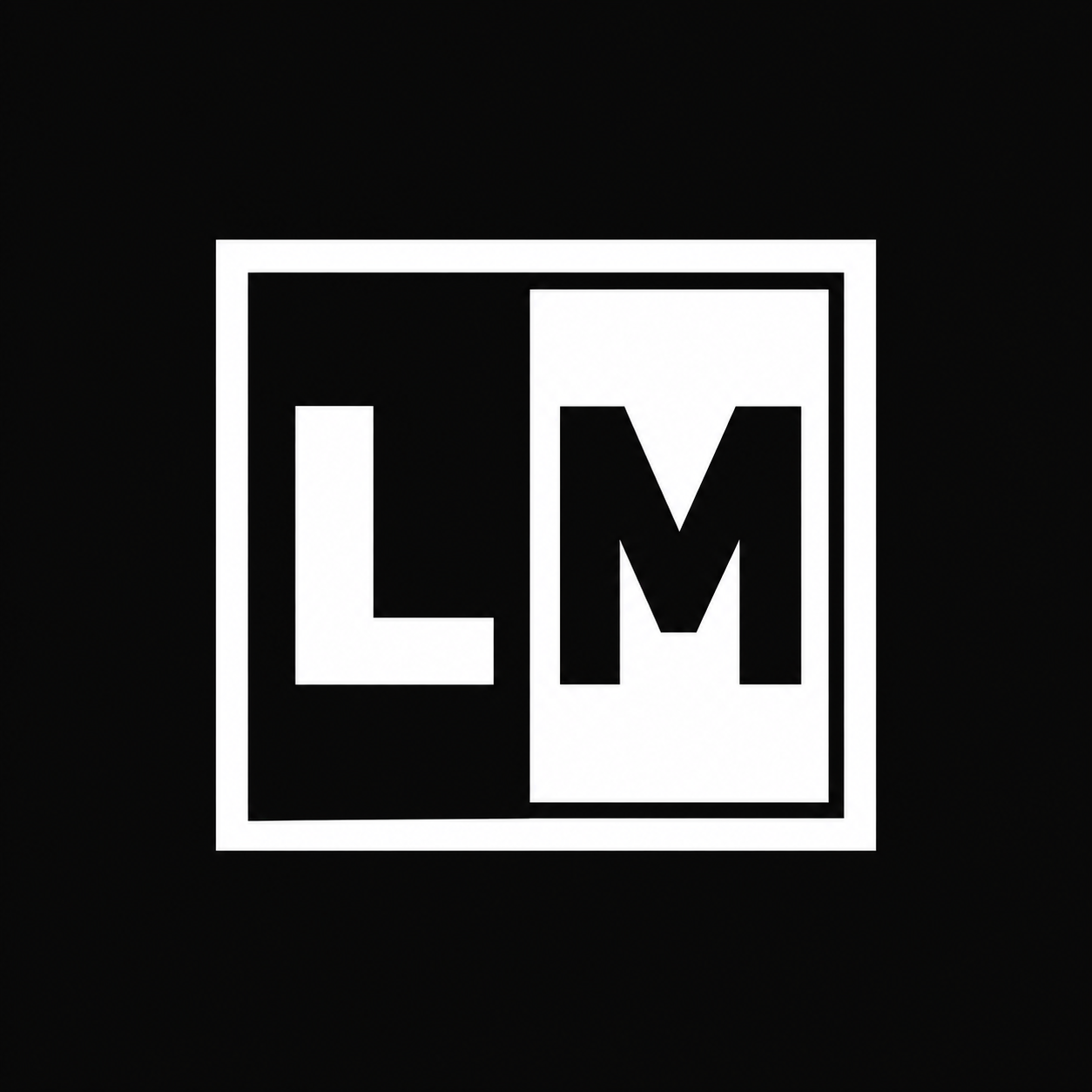 Black background with a white square grid containing the letters 'L' and 'M' in bold, black font.