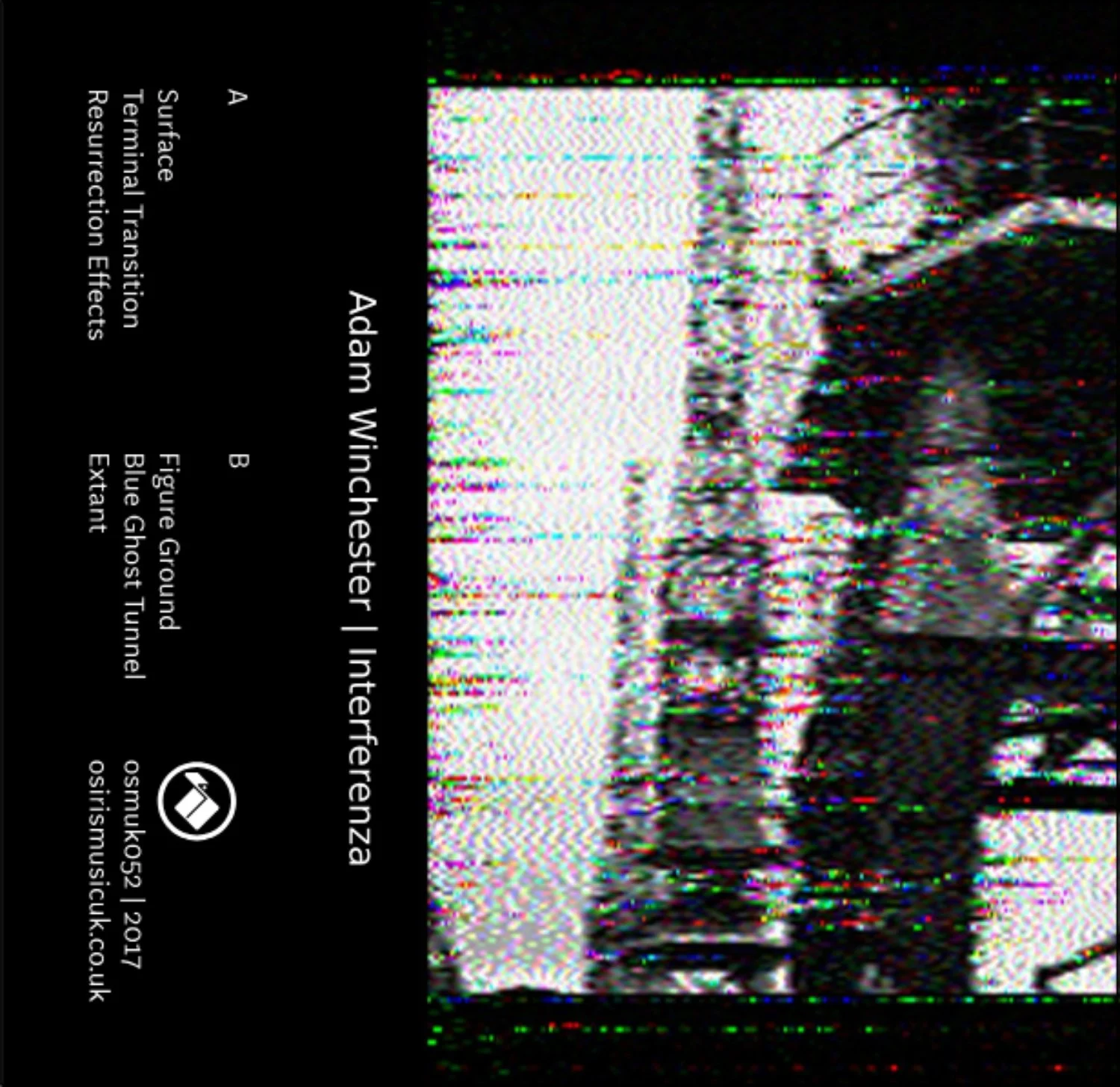 A distorted, glitchy black-and-white image of a tree-lined street viewed from a moving vehicle. Text on the left side describes a technical process involving a surface, transition, and reverberation effects, with additional details about image sources and credits.