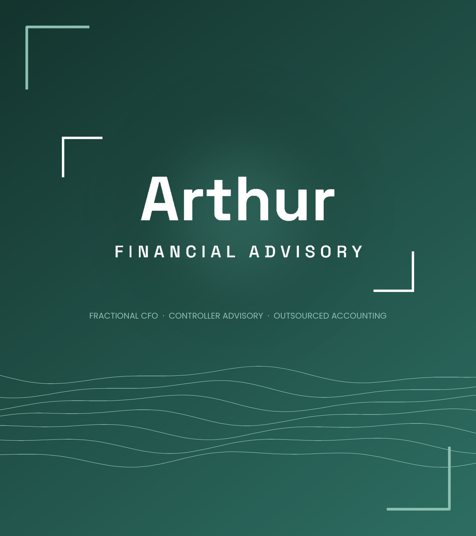 Business card for Arthur with the title Financial Advisory, including services like fractional CFO, controller advisory, and outsourced accounting, on a dark green background with white text and a wavy line pattern.