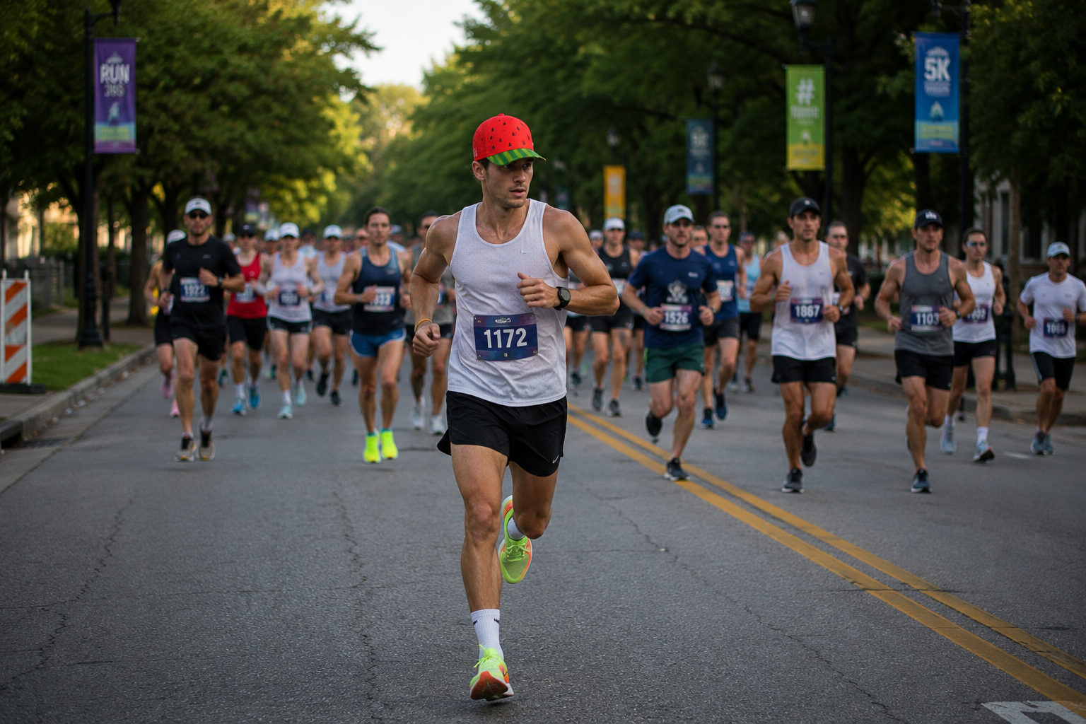 A group of runners participating in a marathon on a tree-lined street, with the runner wearing bib number 1172 in the forefront, wearing a red cap with green accents, white tank top, black shorts, and neon running shoes.