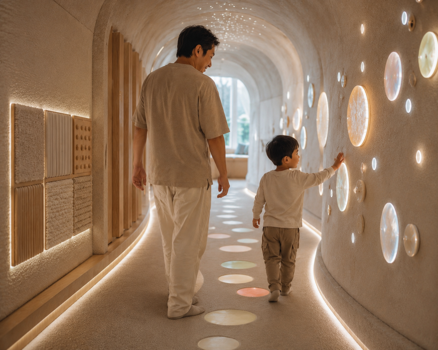 A man and young boy walking through a modern, illuminated hallway with decorative circular lights on the wall.