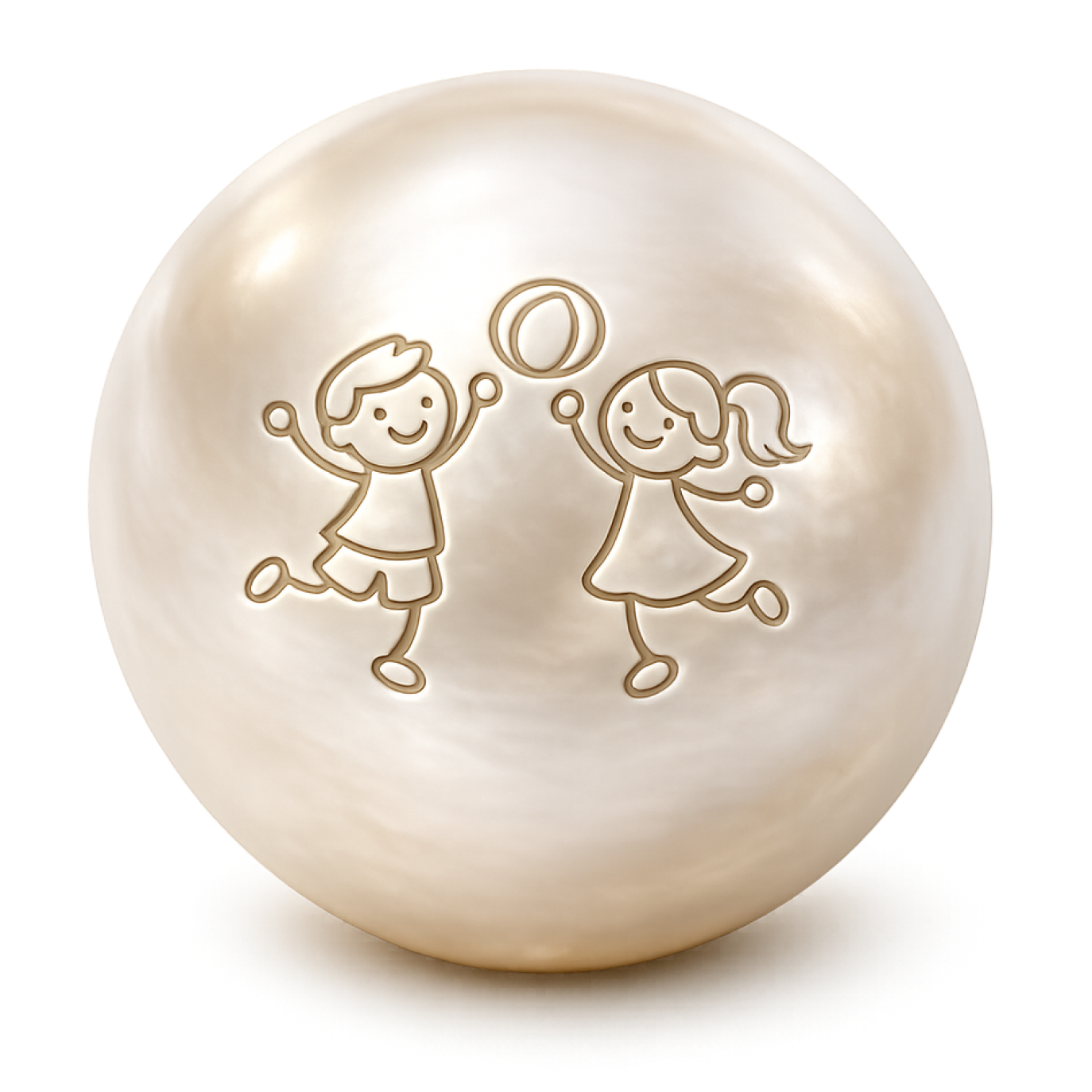 Circular object with line art of two children playing with a ball, smiling, and holding hands.