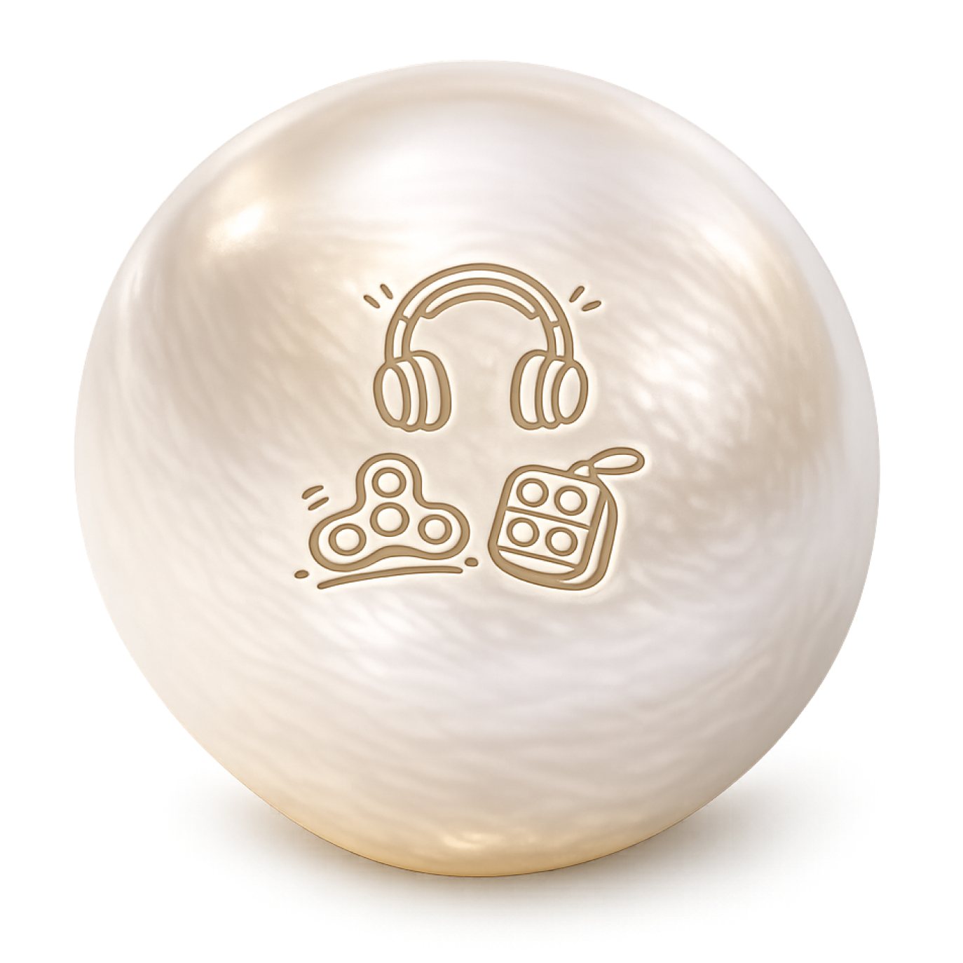 A white spherical object with a line drawing of headphones, a fidget spinner, and a gaming controller engraved on its surface.