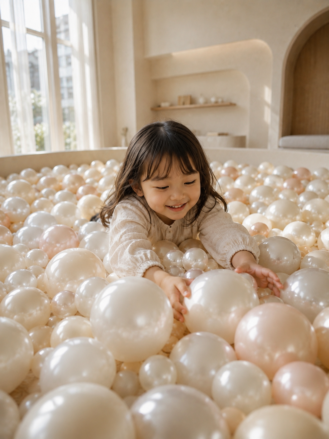 A young girl playing in a large ball pit filled with white and pink pearl-like balls inside a bright room with large windows.