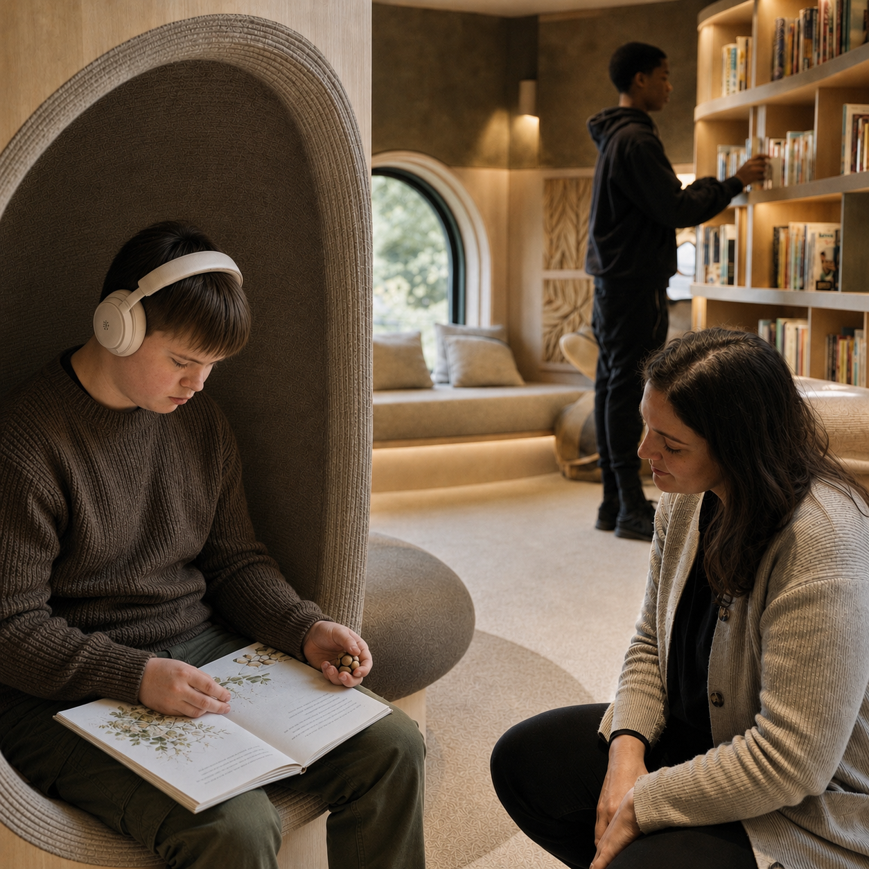 A boy sitting in a cozy nook with headphones, reading a book, with a woman seated nearby, both engaged in quiet activity inside a warm, well-lit library or reading room. In the background, a young man is browsing books on a tall bookshelf.