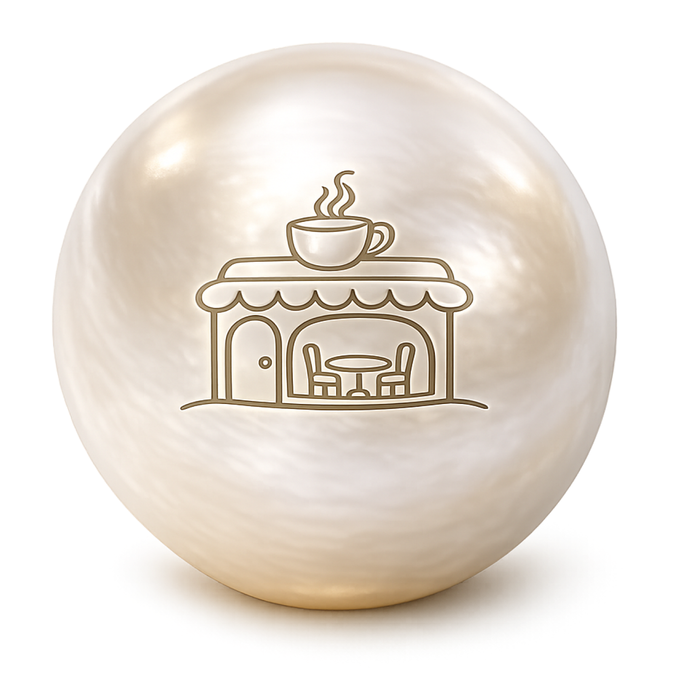 White spherical object with a line drawing of a café facade, including a steaming coffee cup on top, a door, and a small round table with two chairs inside.