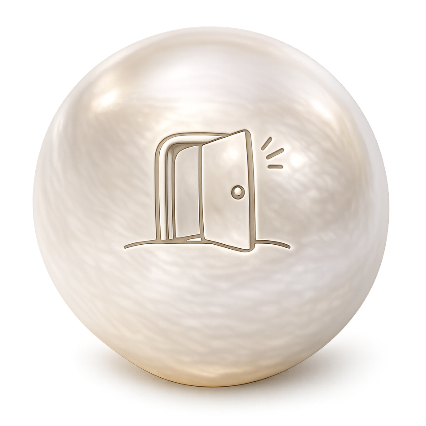 A white sphere with a silver door icon engraved on it, accompanied by three small lines indicating sound or notification.