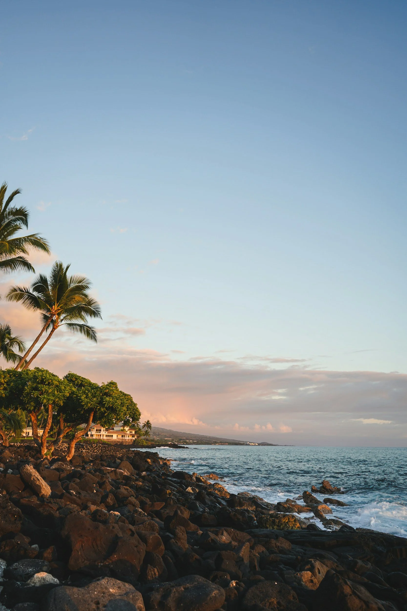 A coastal scene during sunset with palm trees, rocky shoreline, calm ocean, and houses in the background under a partly cloudy sky.