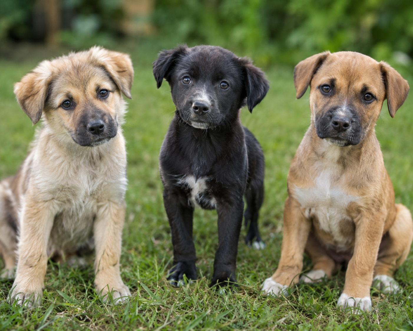 Three adorable puppies sitting on grass in a park, with a blurred green background.