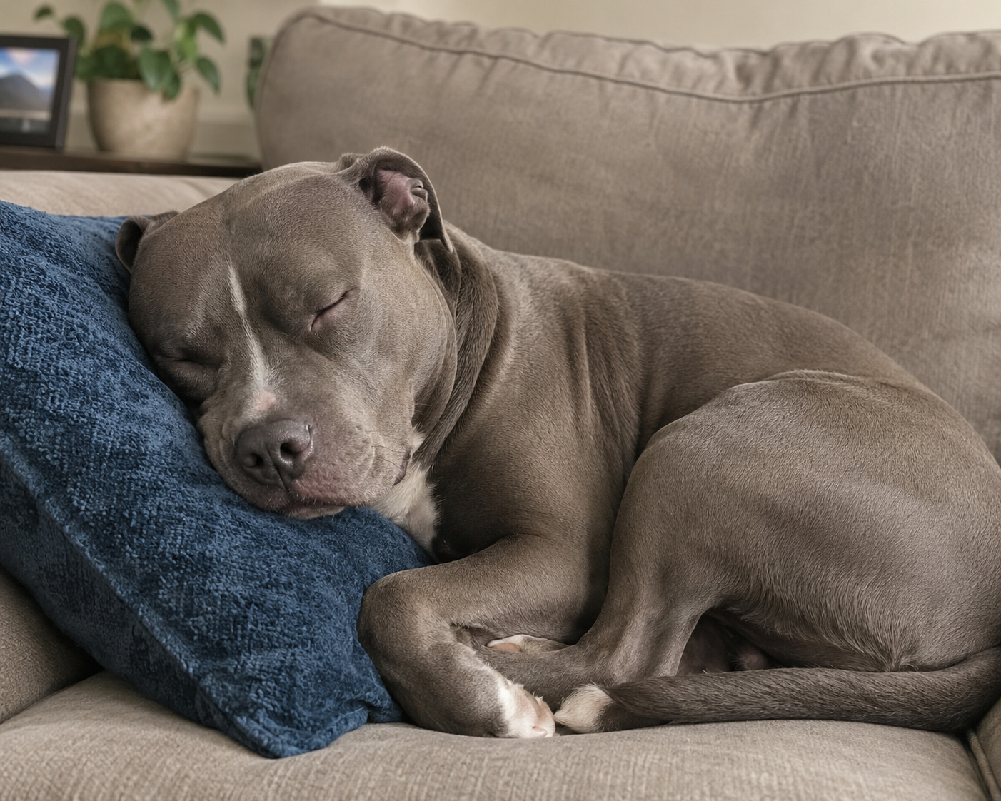 A gray dog sleeping on a blue pillow on a beige couch.