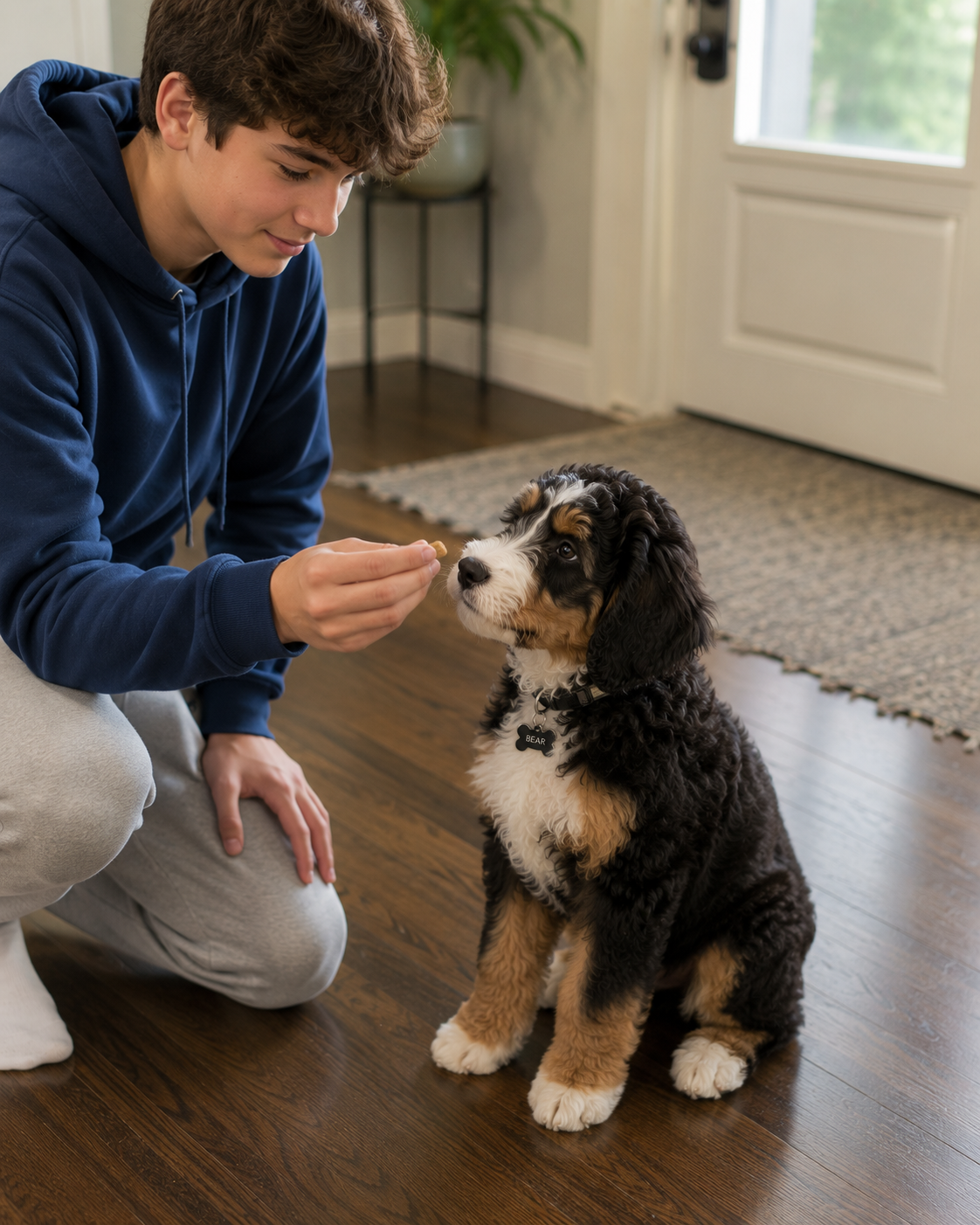 A young man in a blue hoodie kneels on a hardwood floor, offering food to a Bernese Mountain Dog puppy sitting in front of him inside a home with a door, rug, and potted plant in the background.