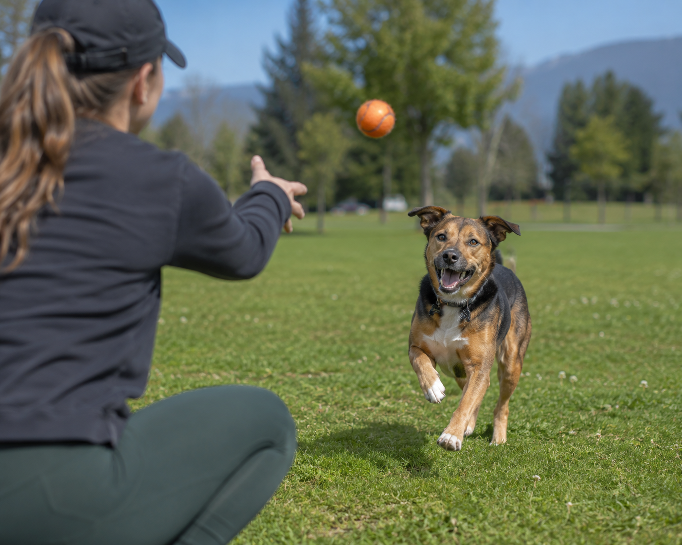 A woman in black clothing and a cap throws an orange ball for a brown and black dog in a grassy park with trees and mountains in the background.