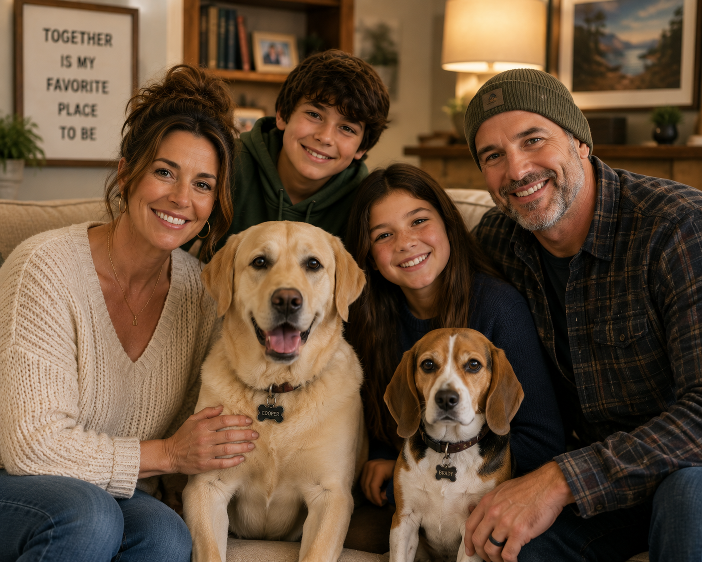 A happy family of five with two dogs sitting on a couch in a cozy living room.