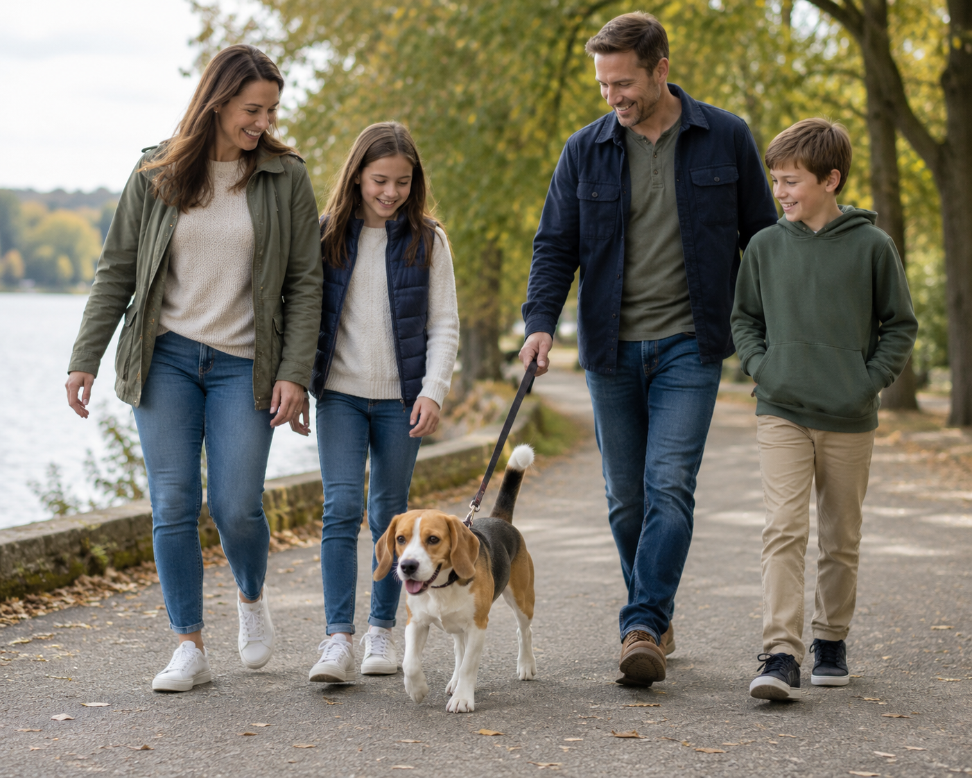 Family walking together outdoors with a dog by a lake, autumn trees in background.