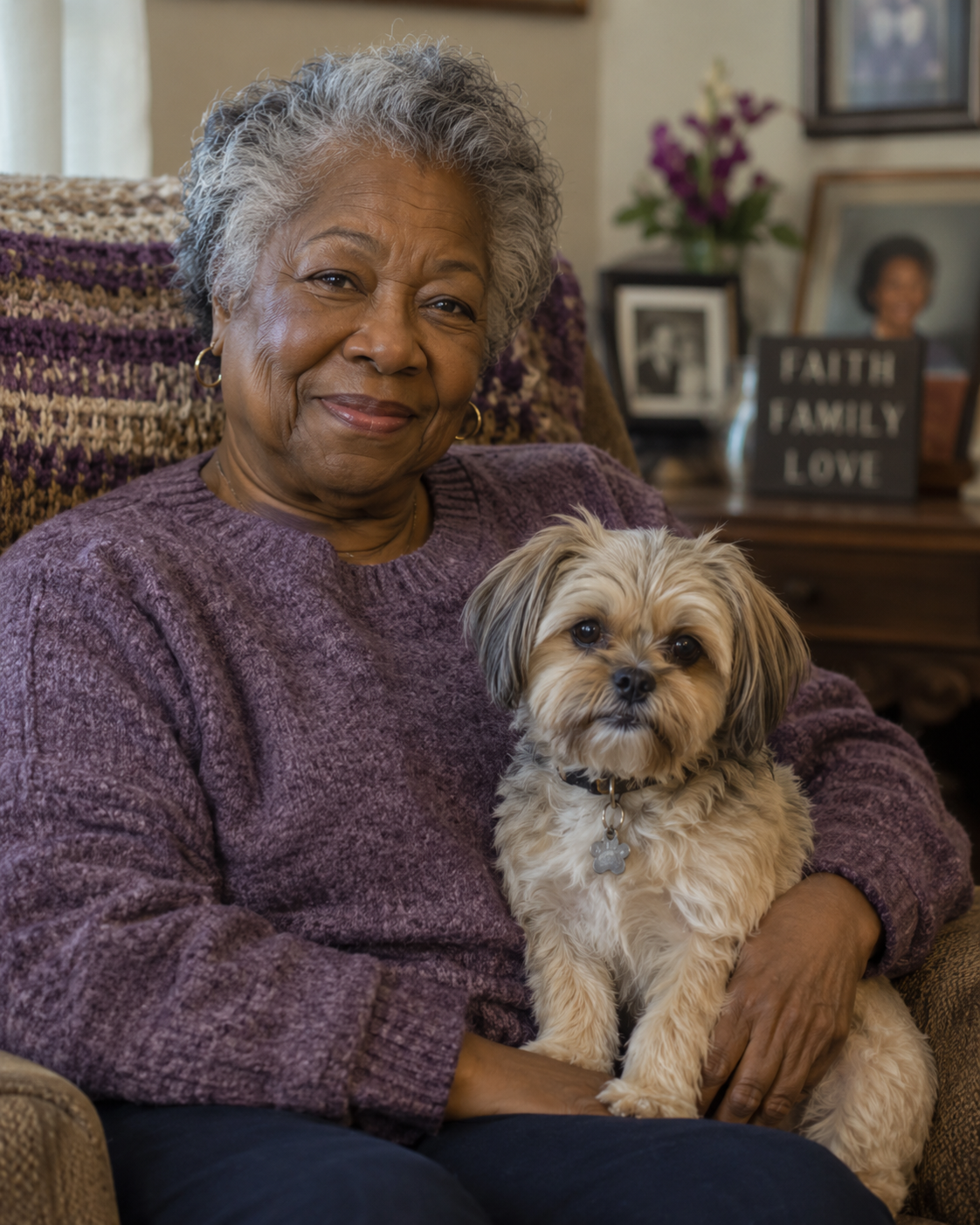 An elderly woman with gray hair sits in a cozy living room holding a small, fluffy dog with brown fur and dark eyes. Behind her on a wooden table are framed photographs, a flower vase with purple flowers, and a sign that reads 'Faith, Family, Love.'