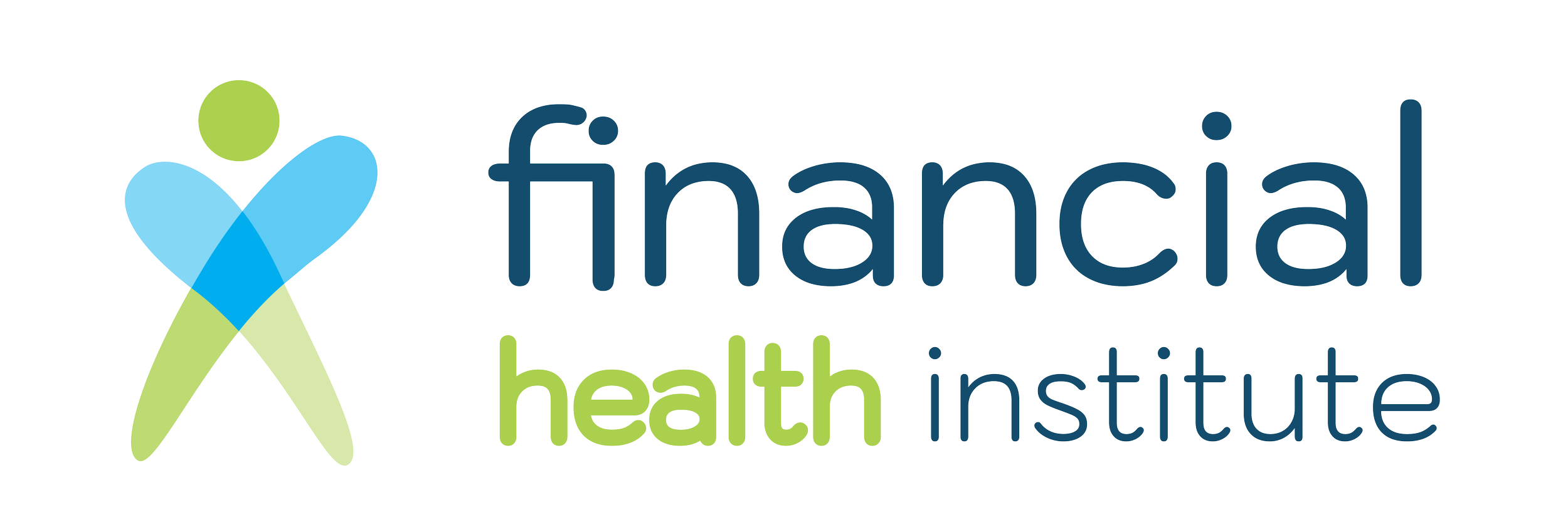 Logo for Financial Health Institute, featuring a stylized human figure with a green head and limbs, holding a blue heart, with the words 'financial' in blue and 'health institute' in green.