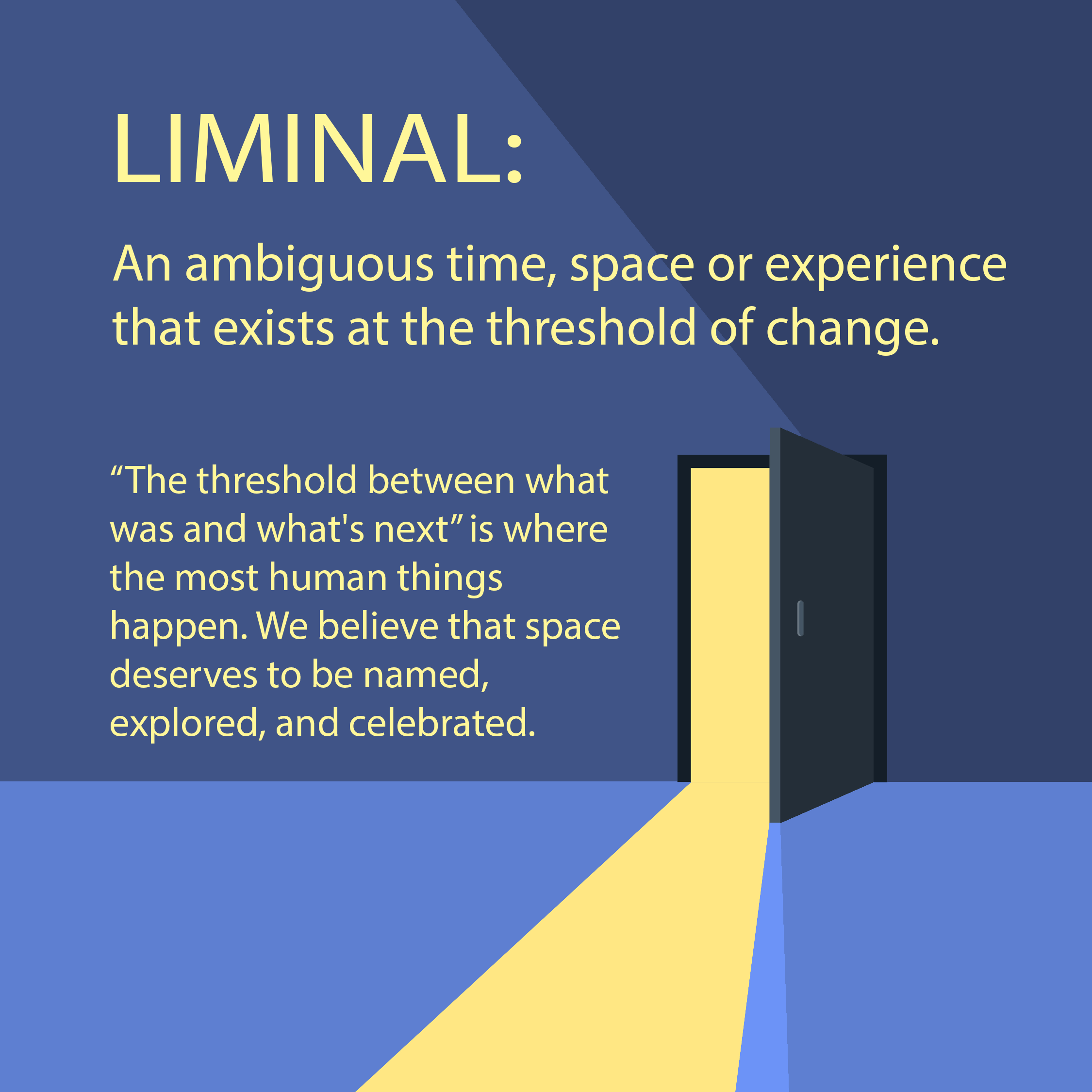 A slide with the word 'FINAL' at the top, followed by the definition: 'An ambiguous time, space or experience that exists at the threshold of change.' The slide has a dark blue background with contrasting yellow and light yellow text.