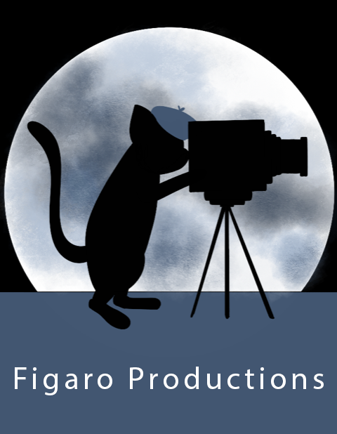 Silhouette of a cat wearing a beret, looking through an old-fashioned camera on a tripod, with a full moon in the background and the text 'Figaro Productions' at the bottom.