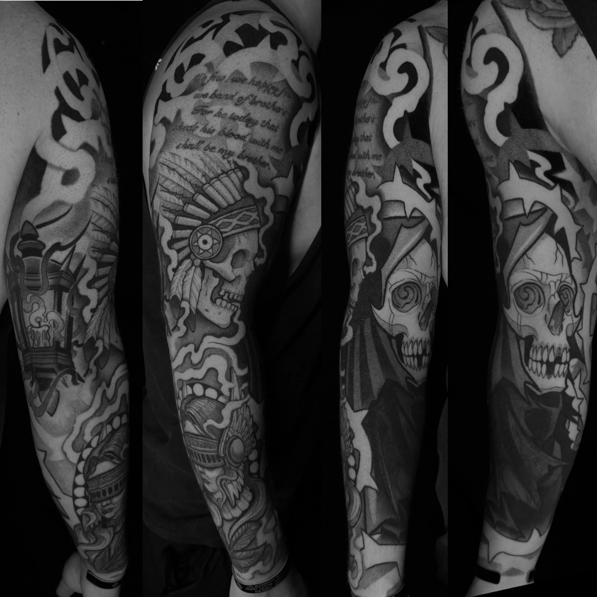 Still have another session to go but almost all wrapped up with this sleeve 🖤 starred in 2023 and kept adding on. I didn&rsquo;t do the lettering and the reaper is a big cover up 🙂&zwj;↕️