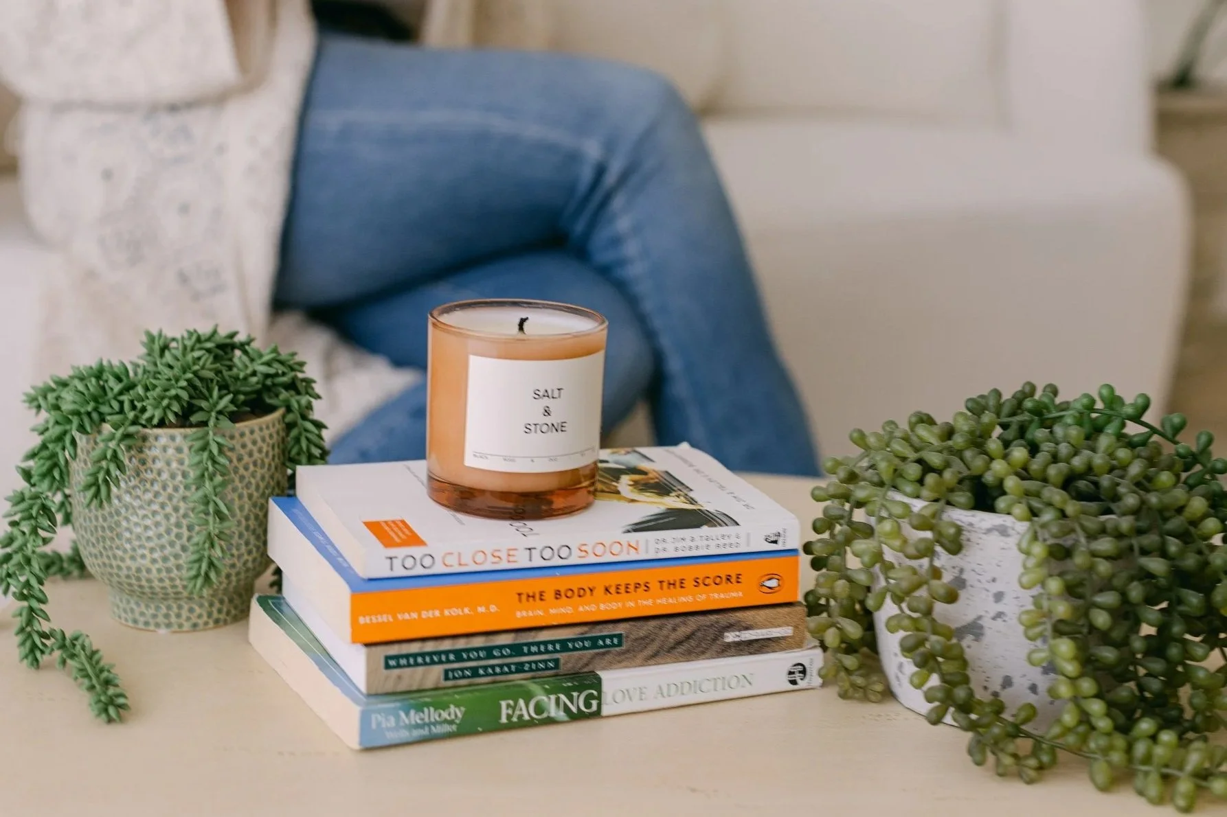 A stack of five books on a table with a candle labeled "Salt & Stone" on top, flanked by two potted succulent plants, one on each side, with a person sitting on a sofa in the background.