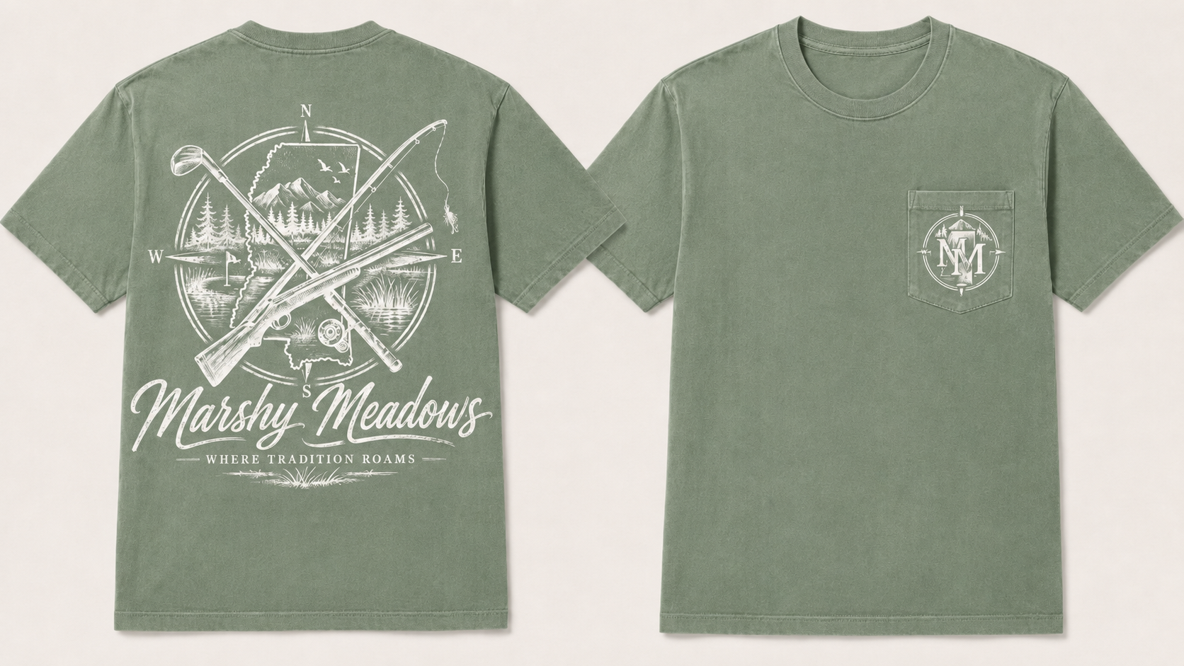 Green T-shirt with a back graphic of a nature scene, crossed rifles, and the text "Marshy Meadows" and "Where Tradition Roams." The front features a small pocket on the left chest with a logo of a compass and the letters "MM."