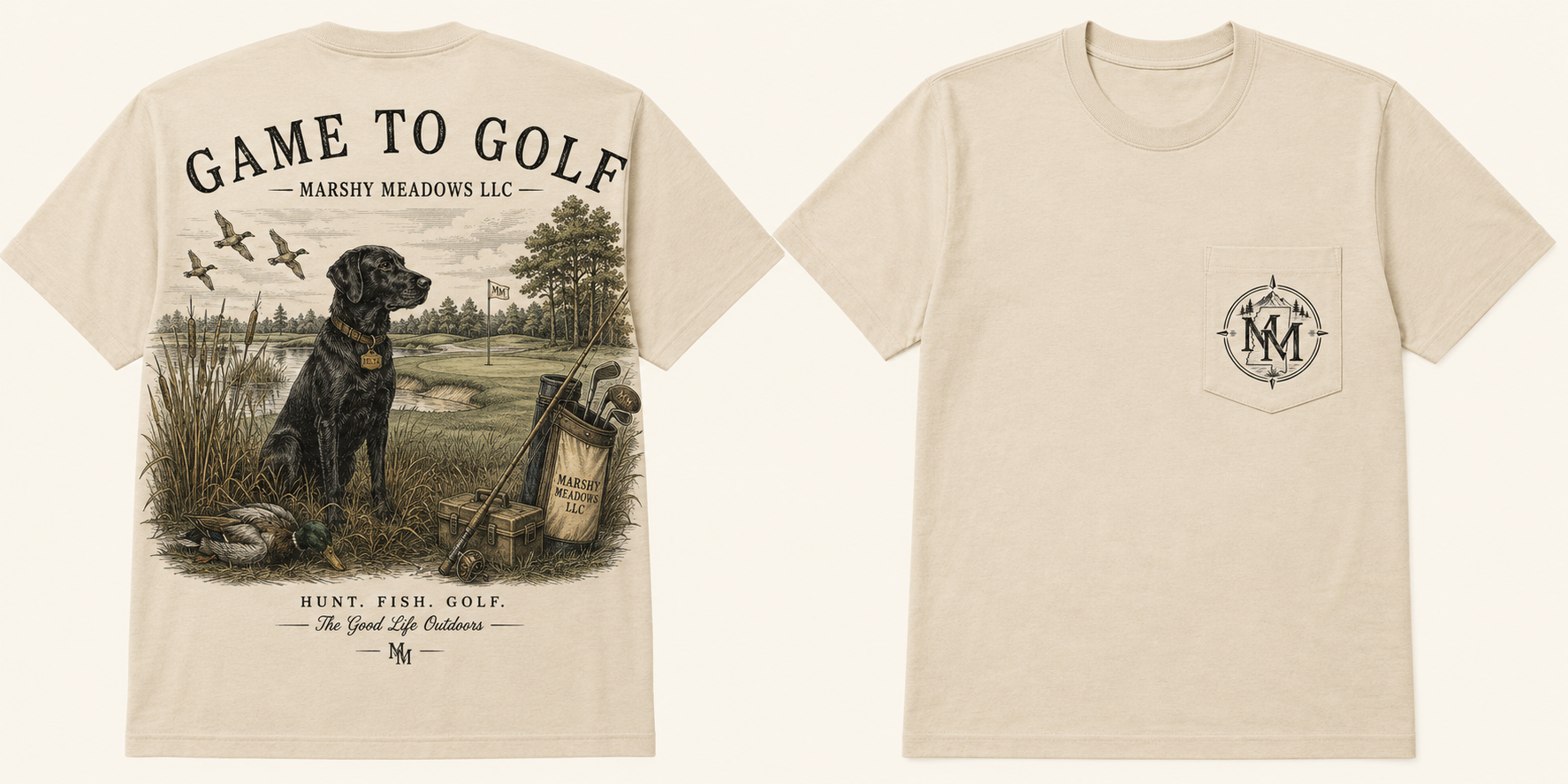 Beige t-shirt with a detailed graphic of a dog sitting near a pond, fishing gear, and a golf course with a flag in the background on the back; small logo with initials on the front pocket.