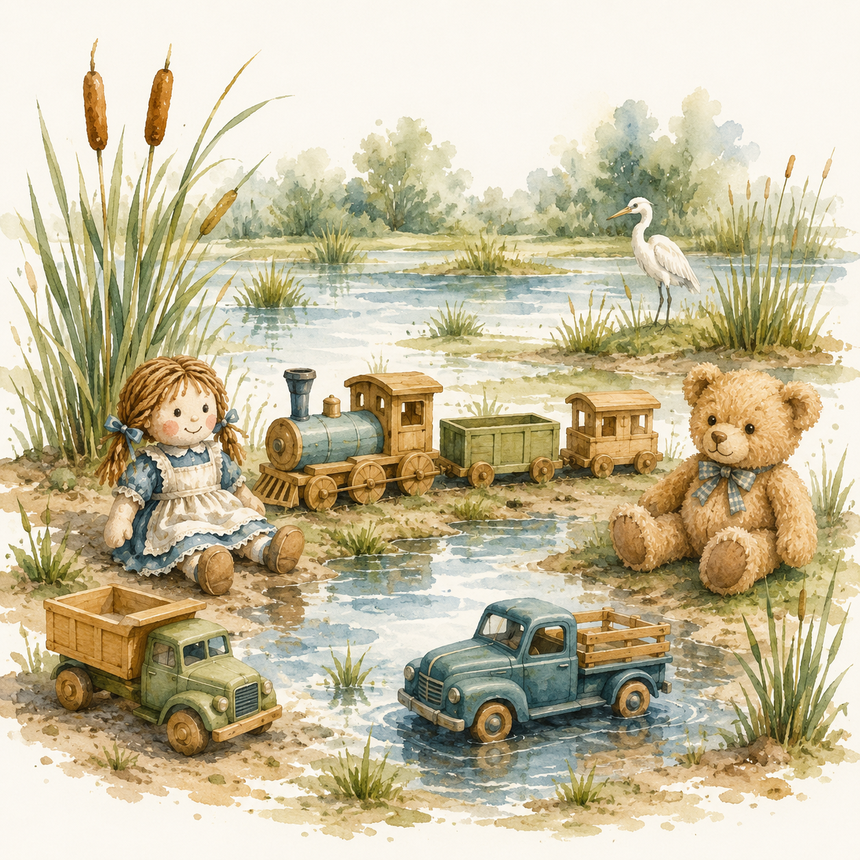 Watercolor illustration of a girl doll and teddy bear near toy trains and trucks on a grassy lakeside, with a heron standing in the water and tall grasses in the background.