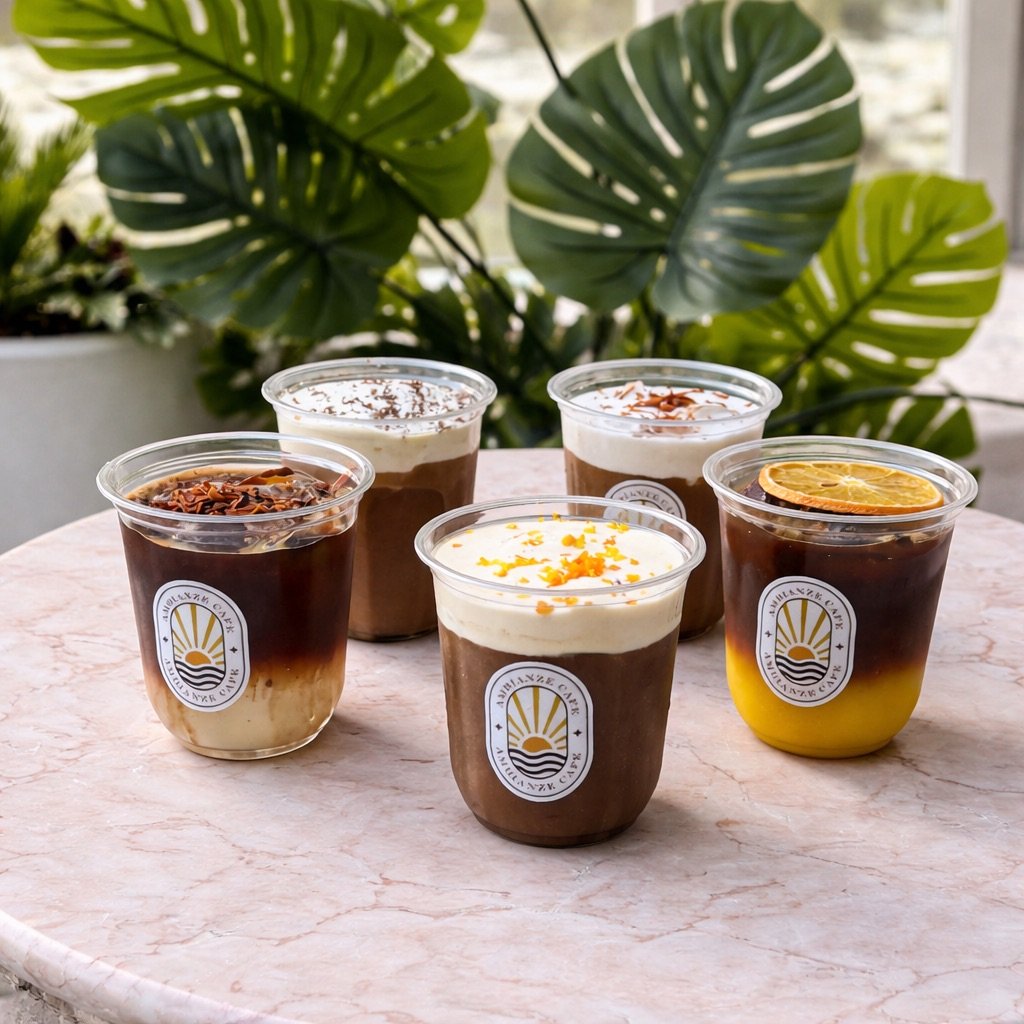 Five cups of hot chocolate or coffee with various toppings and flavors, placed on a pink marble surface, with green large-leaf plants in the background.