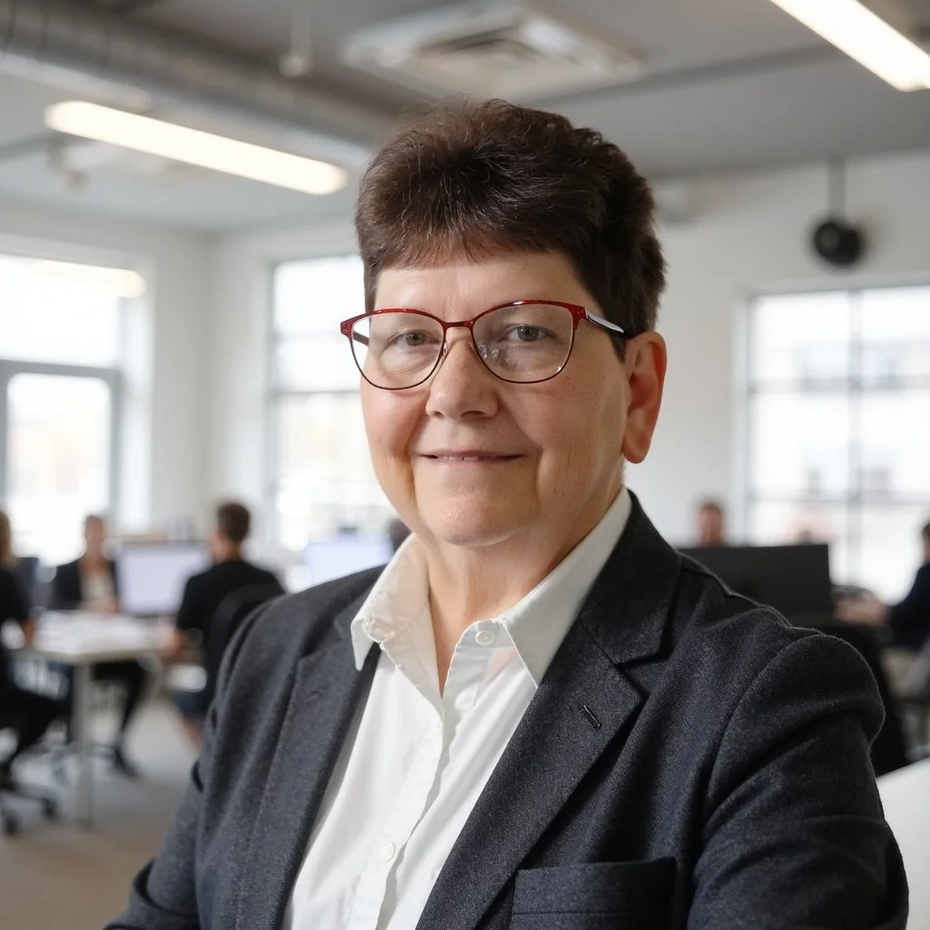 A smiling woman with short brown hair and glasses in a business suit taking a selfie in a modern office with large windows and other employees working in the background.