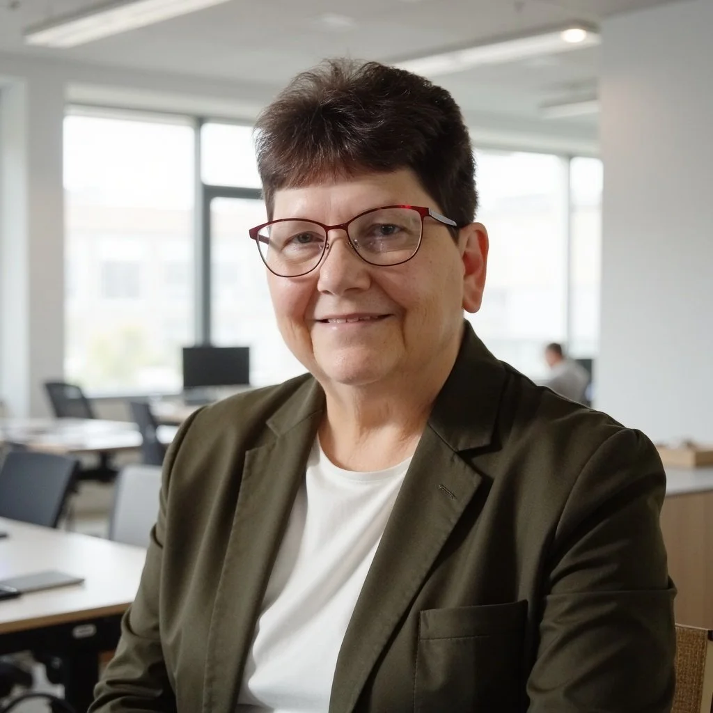 A woman with short dark hair, glasses, and a friendly smile, sitting in a modern office with large windows and desks.