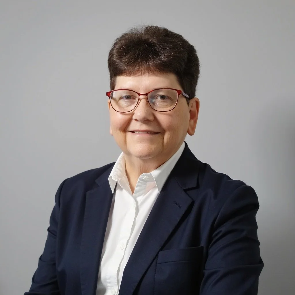 A professional woman with short dark hair and glasses, wearing a navy blazer and white shirt, smiling at the camera against a plain light grey background.