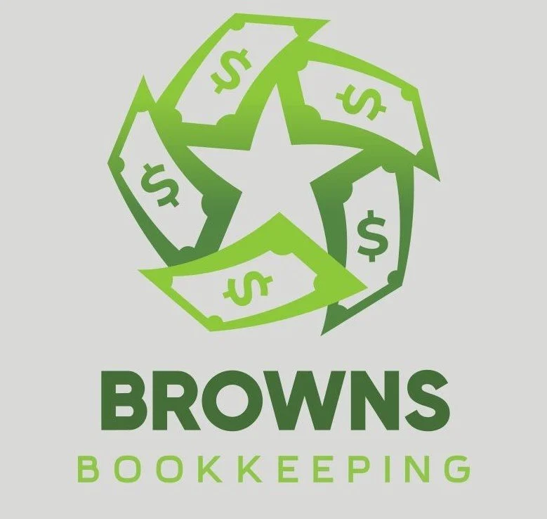 Logo for Browns Bookkeeping featuring one lone star surrounded by stylized cash bills with dollar signs, and the company name in bold green text.