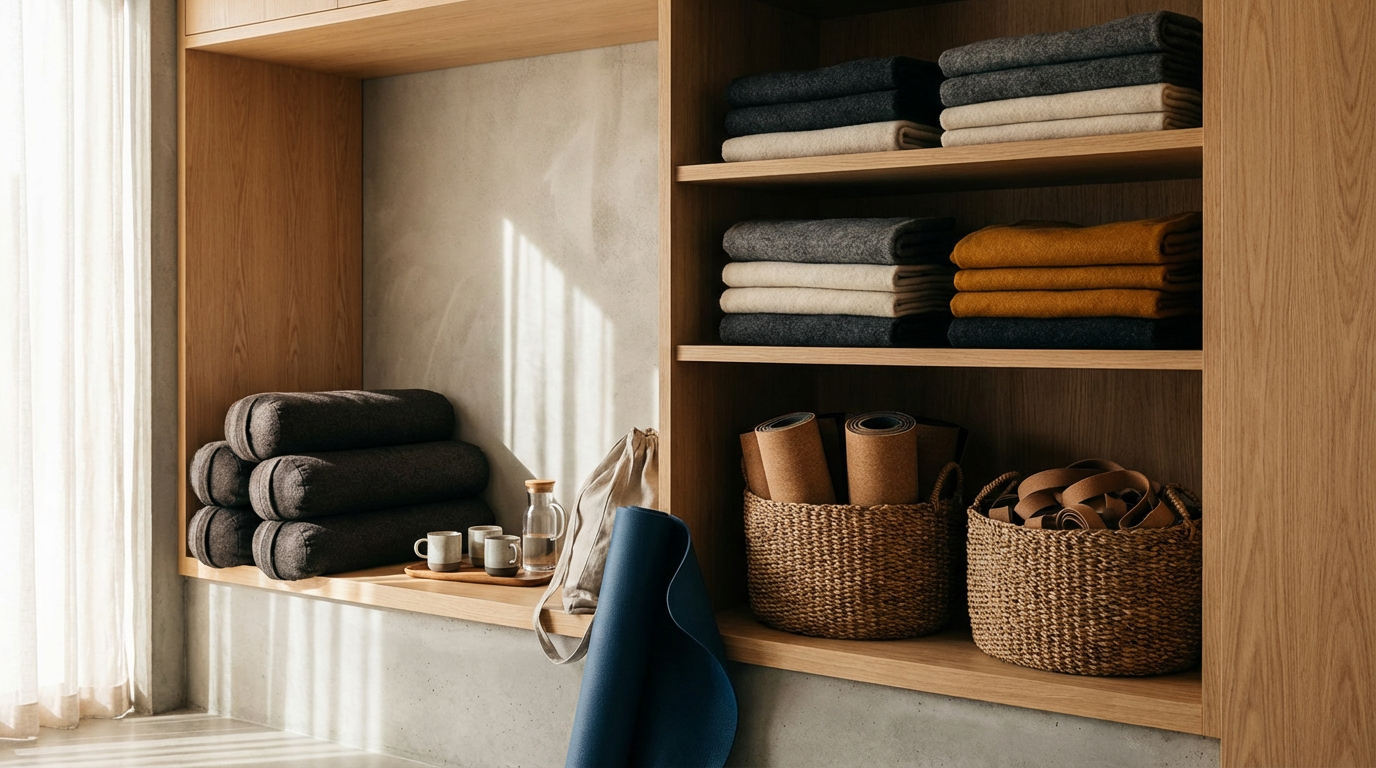 Shelves with folded blankets and throws, baskets with yoga mats, cups with a water pitcher, and a yoga mat leaning on the shelf.