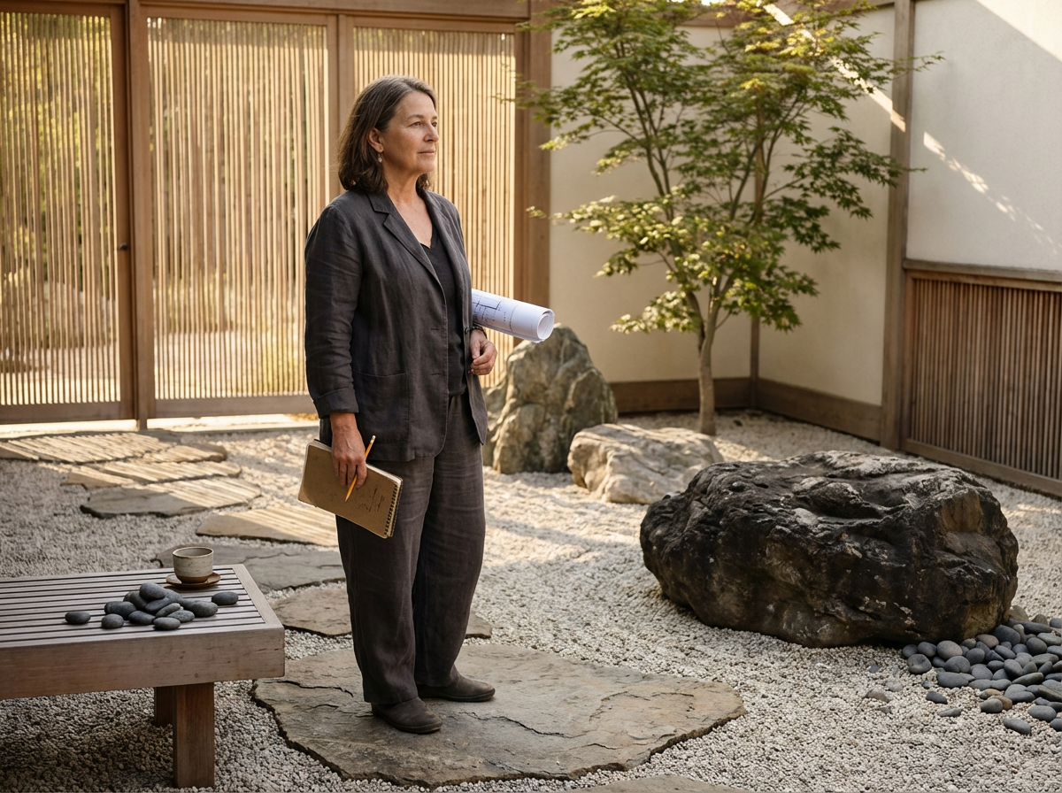 A woman standing in a Japanese-style garden holding a rolled-up blueprint and a notebook with a pencil, surrounded by rocks, a small tree, and enclosed by wooden fencing.