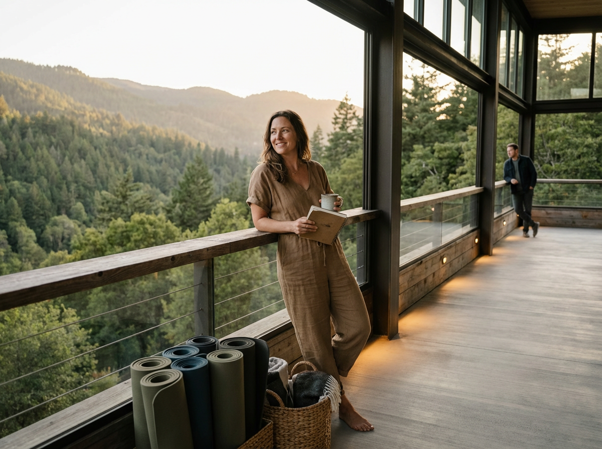 A woman standing barefoot on a wooden deck, holding a ceramic mug and a book, smiling and looking outside at a forested mountain landscape during sunrise or sunset. Yoga mats and a basket with blankets are nearby. A man is in the background leaning against the railing, also looking out.