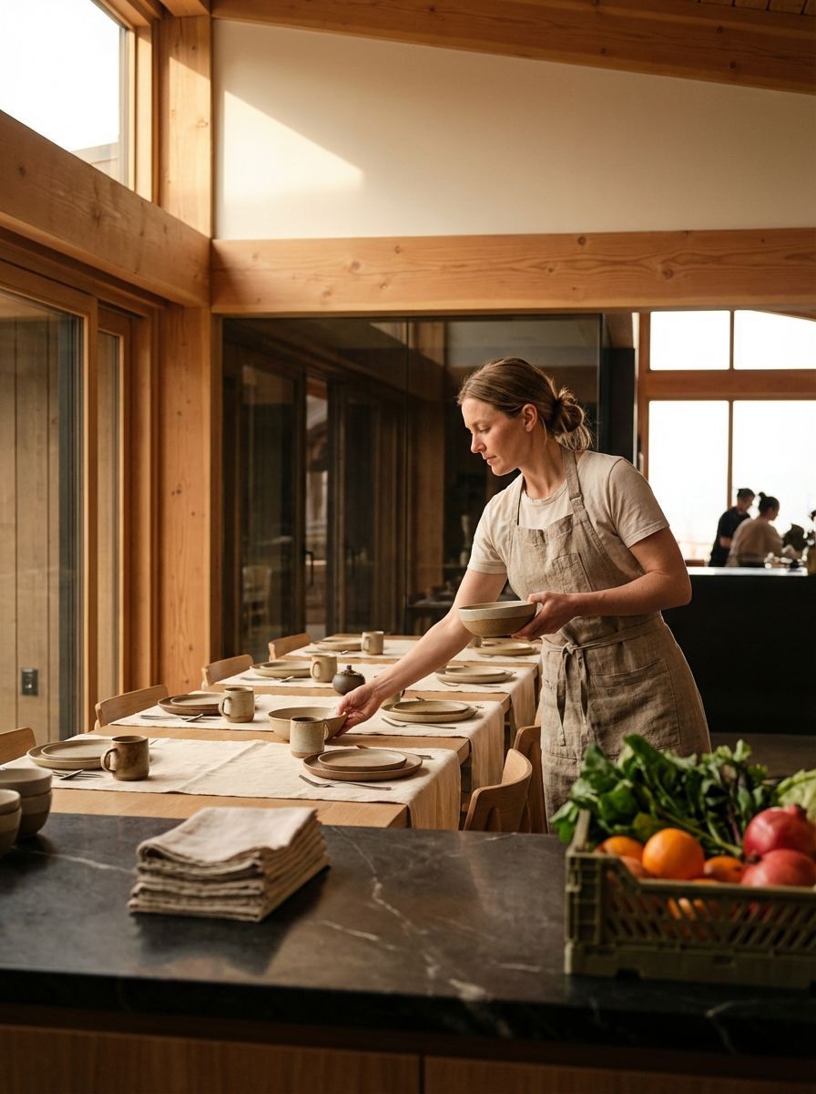 A woman in an apron is setting a dining table with ceramic plates and mugs in a warmly lit, wood-paneled dining area.